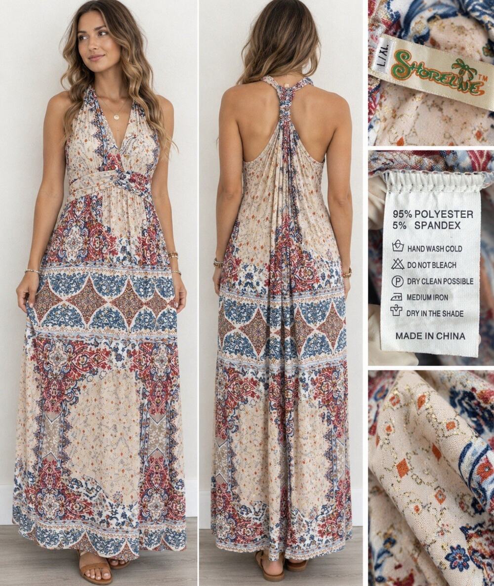 Boho Festival Shoreline Halter Paisley Print Maxi Dress Size L/XL Multicolor